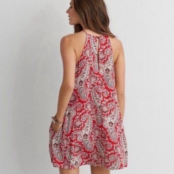 American Eagle Red Paisley A-Line Halter Mini Dress, Size XXS - Picture 2 of 10